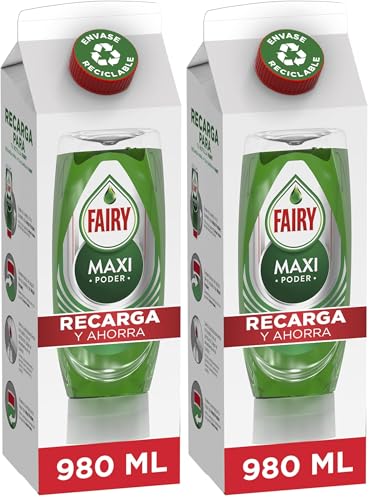 Fairy Maxi Poder Recambio Cartón Lavavajillas Líquido 980 ML, Recambio Fácil, Limpieza Sin Esfuerzo, Incluso En Las Ollas Y Sartenes Más Grasientas (Paquete de 2)