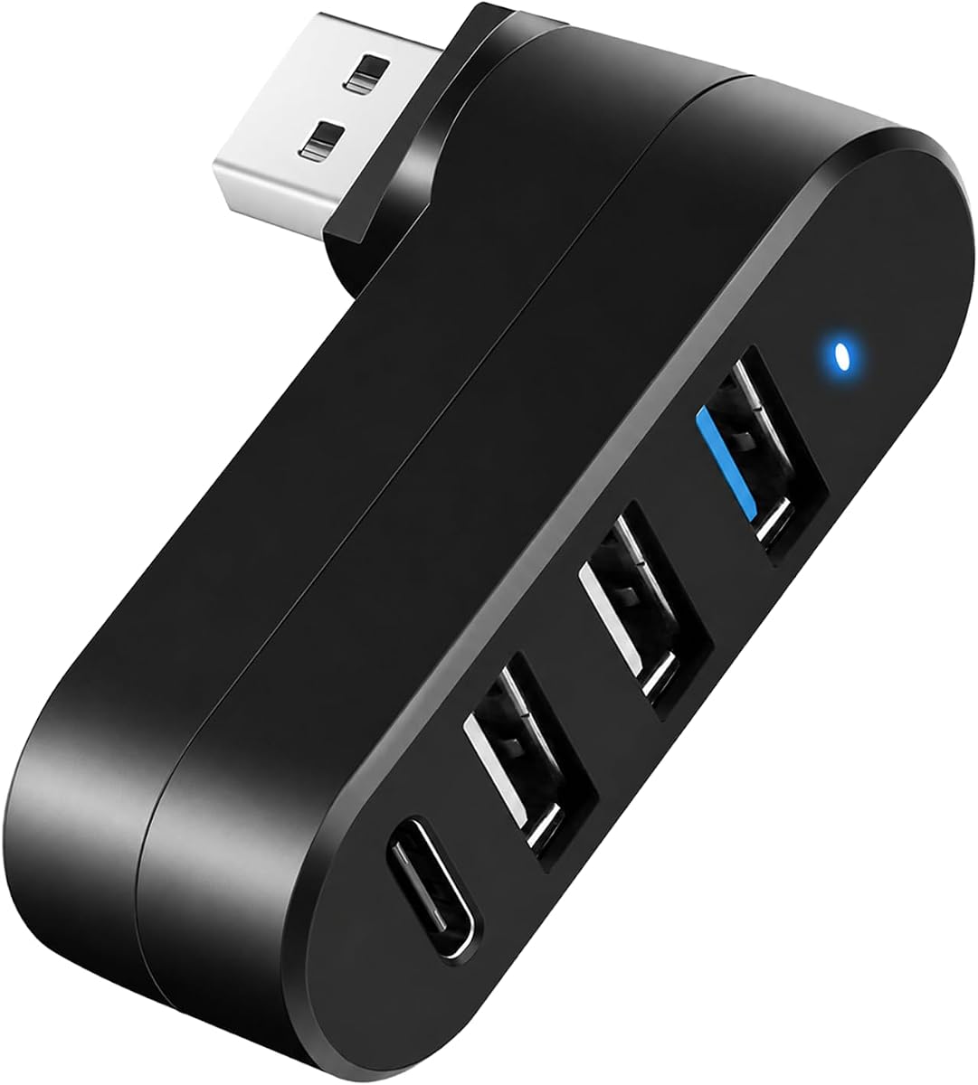 4-Port USB 3.0 Hub Rotatable PD-in 5W for Laptop PC MacBook PS5 | Rotatable 90/180 degree connector, 4 ports: USB 3.0 + 2x USB 2.0 + USB-C with 5W PD-in, Plug and play, For laptop/iMac/PC/PS5