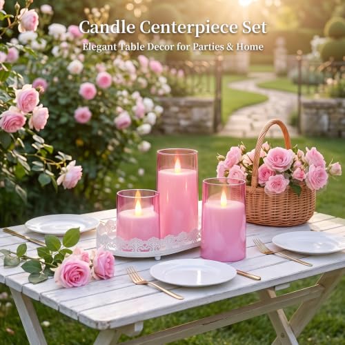 Image of Homemory Realistic Flickering Flameless Pink Candles with Remote & Timer | LED Fake Electric Pillar Candles Battery Operated for Home, Datting, Christmas Decor, Set of 3