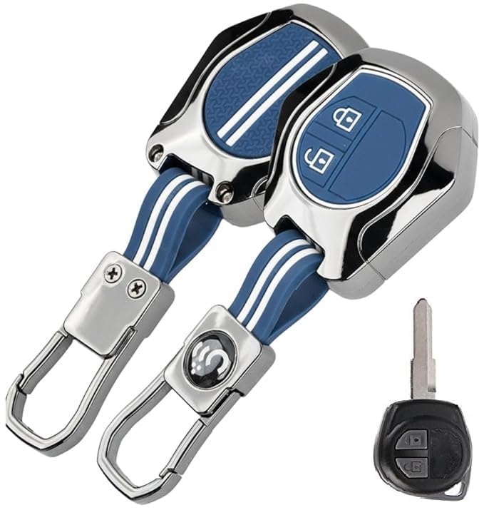 Image of Metal Key Cover Compitable for Suzuki Swift | Ertiga | Wagonr | Celerio | Swift Dzire | Alto | Fronx | Breza | S Presso | Ignis 2 Button Remote Key (Blue)