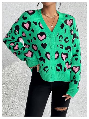 Image of MakeMeChic Women's Leopard Cardigan Sweaters V Neck Button Down Long Sleeve Y2K Cardigan