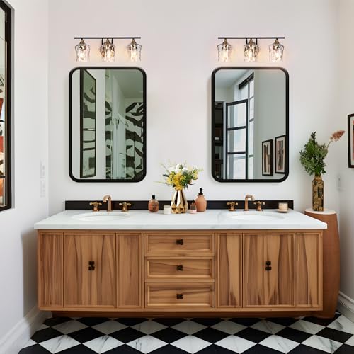 Image of KSANA Black and Brass Vanity Light, Modern Black Gold Bathroom Light Fixtures with Water Textured Glass Shade, 3-Light Bathroom Lighting Over Mirror