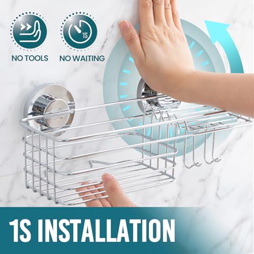 Image of TAILI Shower Caddy Suction Cup, 3 Pack Shelves for Inside with Hooks | Rustproof Silver Storage, Soap Holder, Toothbrush Cups, Removable Bathroom Organizer