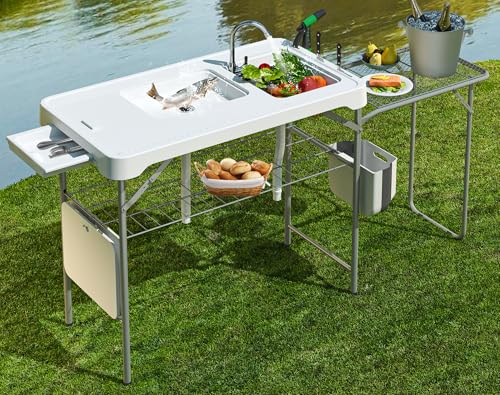 IWDOO 42.5' Fish Cleaning Table with Dual Sink, Portable Folding Camping Table with Foldable Extension Stand, Faucet, Sprayer, Grid Rack, Hose Hook Up & Knife Groove, Outdoor Sink Station for Picnic