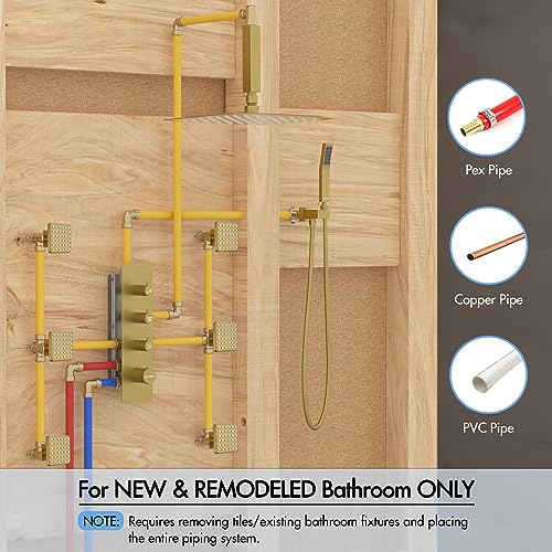 Image of Shower Faucet Set Brushed Gold,Thermostatic Shower System with Body Jets,16 inch Ceiling Rainfall Faucet Set with with 6 PCS Dual Modes Body Jets(3 Inch) Can All Run Together