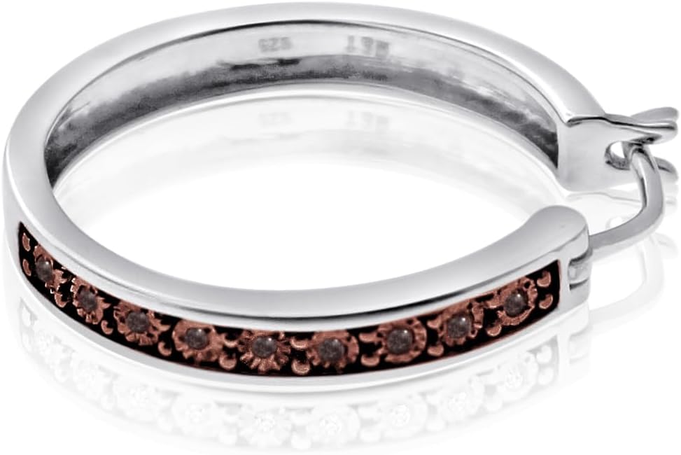 1/10 Carat Total Weight (cttw) 925 Sterling Silver Diamond Hoop Earrings For Women, Available With Black, Blue, Brown & White Diamonds