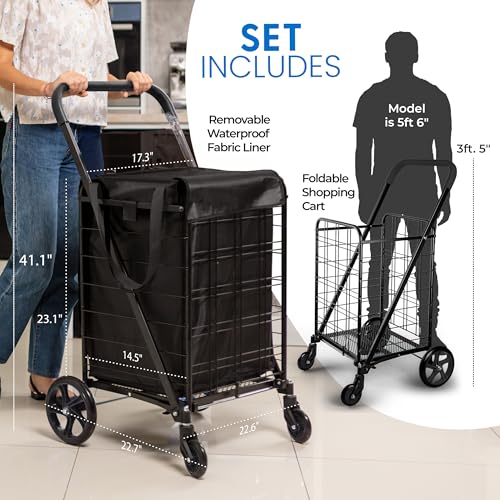 Image of SereneLife Folding Shopping Cart, Heavy Duty, Portable Grocery Trolley