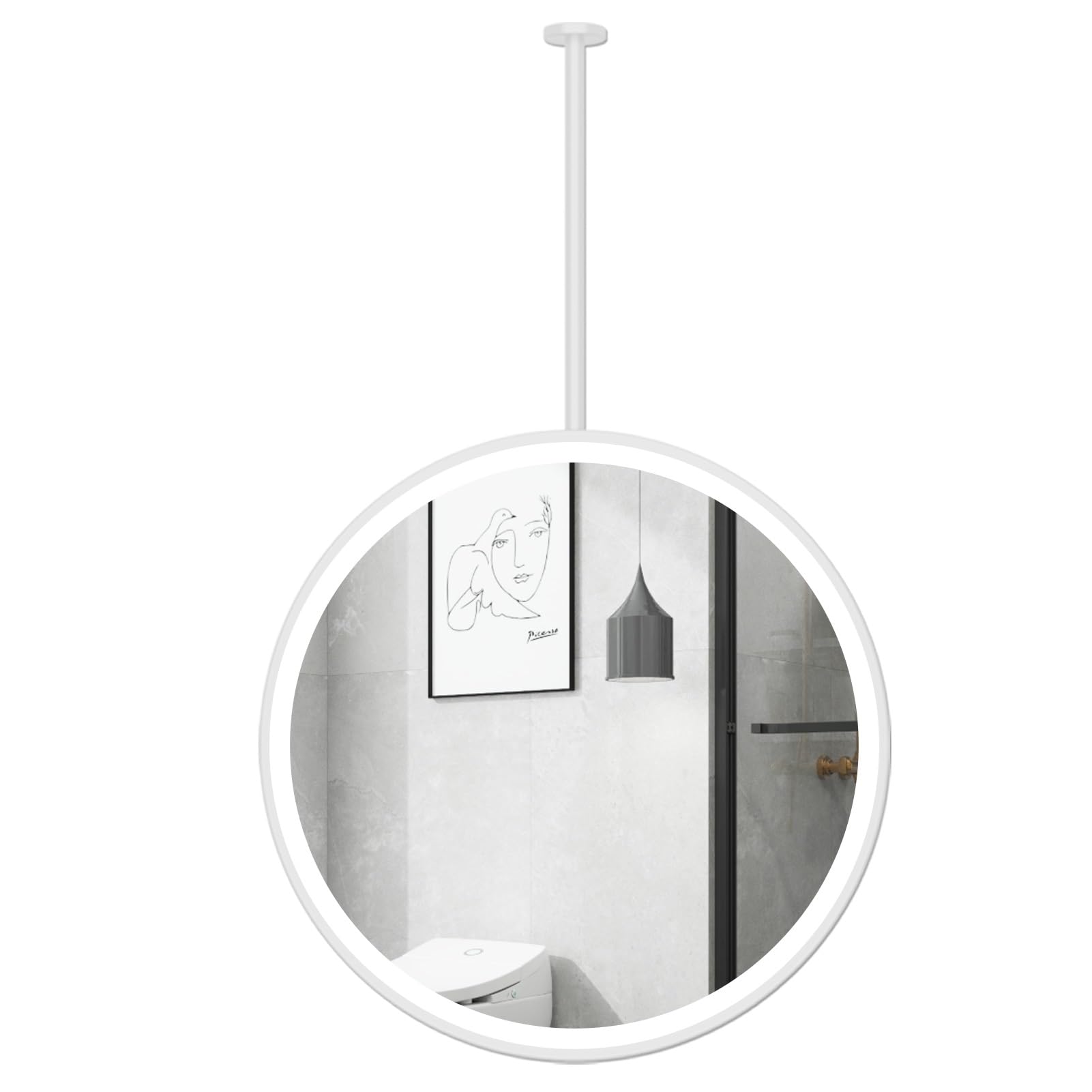 SXFSDOU LED Bathroom Mirror for Wall, White Ceiling Hanging Rod with Lights, Home Decorative Mounted Round Mirrors Entrance Store Hotel - HD Glass Mirror(Diameter-70CM/27.6INCH)