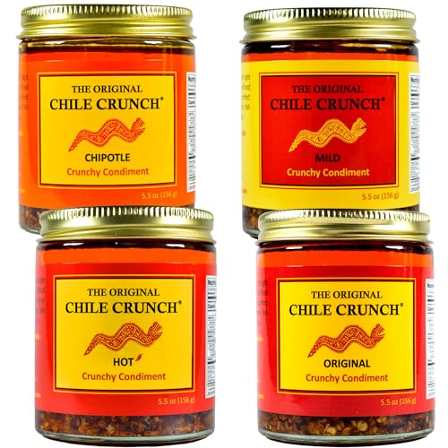 CHILE CRUNCH - Crunchy Condiment - All Natural Roasted Chili Peppers, Garlic &amp; Onion Crisp Sauce - Vegan, Gluten-Free, No Preservatives - Homemade Authentic Mexican Recipe, Variety Pack of 4