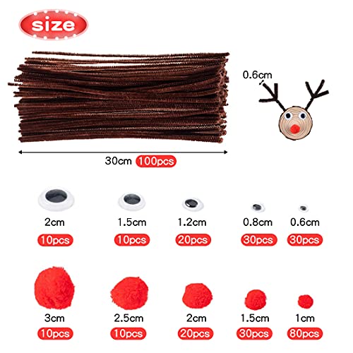 FUKPO 100 Fils Chenille Kit Marron Fil Chenille Cure Pipes, 100 Yeux Mobiles Autocollants, 150 Pompon Rouge Bricolage pour Tige Chenilles Loisirs Creatifs de Noël - Image 3