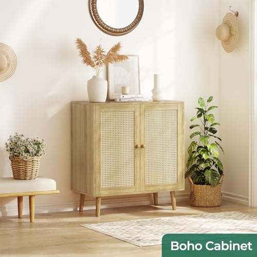 Huuger Buffet Cabinet With Storage, Storage Cabinet With Pe Rattan Decor Doors, Accent Cabinet With Solid Wood Feet, Sideboard Cabinet For Hallway thumb #5
