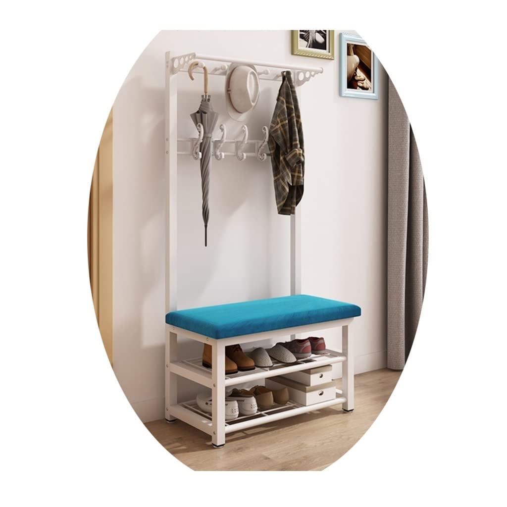 MSHGSKU Industrial Metal Coat Rack with Hooks and Shoe Bench - Entryway Organizer for Coats Hats Bags - White & Blue 80x33x172cm