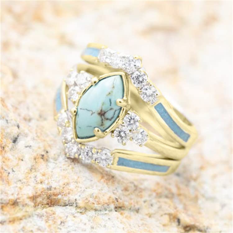 Pingyongchang 3 PCS Ring Set Natural Turquoise Diamond Rings Turquoise Gold Color Rings for Women Turquoise Jewelry Sparkling Natural Gemstone
