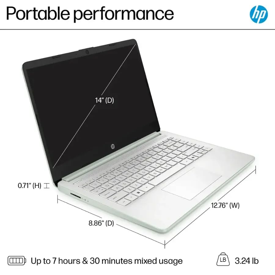 Image of HP 14 Laptop for Business and Students • 14 inch Anti-Glare Display • Intel 4-Core N150 Processor • Copilot AI • Windows 11 Pro • 16GB RAM • 128GB UFS • Wi-Fi 6 • Willow Green