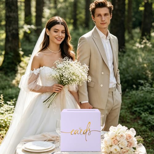 Image of Light Purple Card Box with Gold Foil Design, Paperboard 8.7 inch Gift Card Holder for Wedding Graduation Birthday Party Reception Retirement Anniversary Bridal & Baby Shower