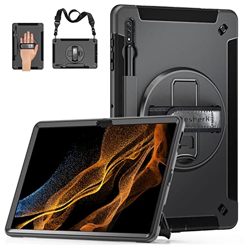 Miesherk Galaxy Tab S8 Ultra 14.6 Inch Case: Military Grade Tab S8U Case 2022 Heavy Duty Shockproof Protective Cover-S-Pencil Holder-Rotating Stand-Hand/Shoulder Strap For Samsung Tab S8 U Black #TOP26