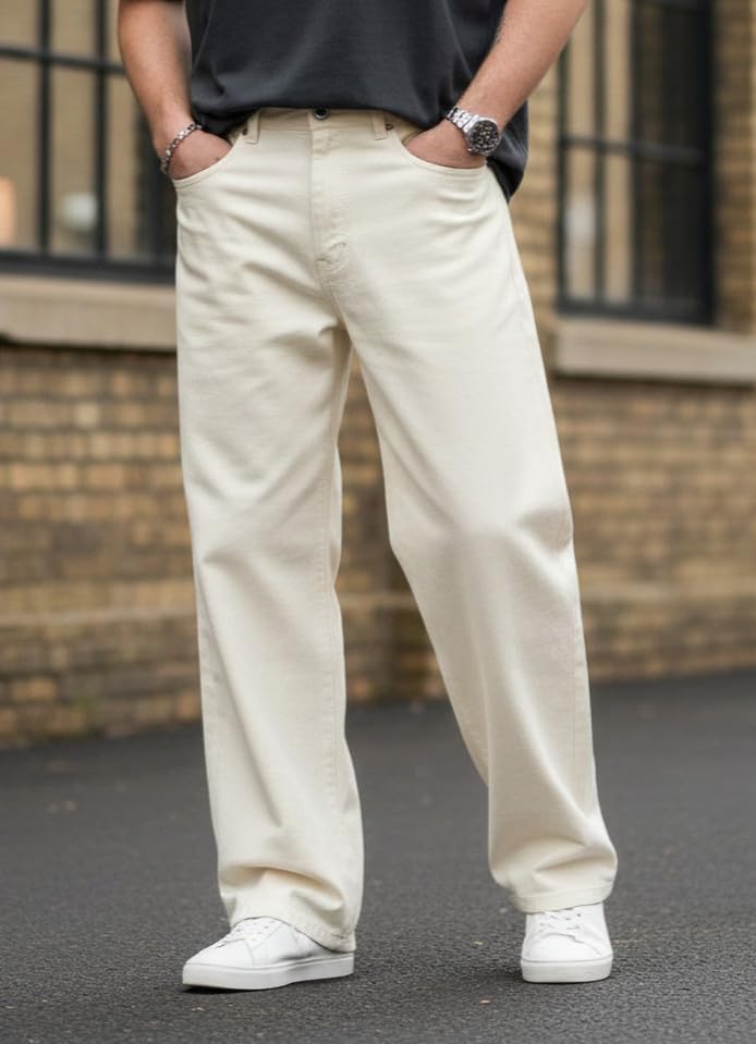 Image of Beige Baggy Men Jeans, Cotton Denim, Regular Fit, Straight Leg, Mid Rise, Stretchable, Casual