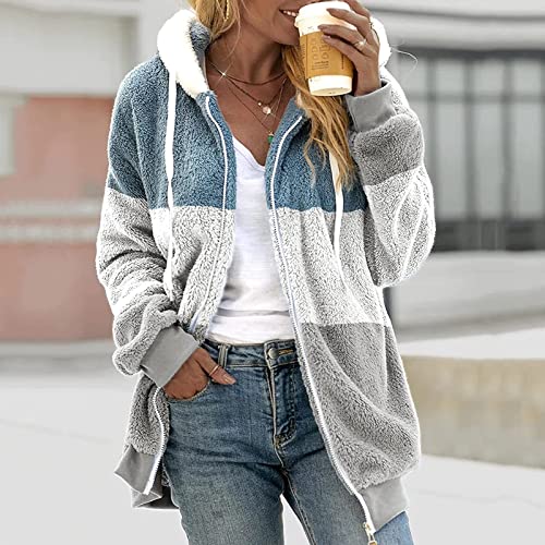 Fuzzy Fleece Jackets for Women Plus Size Hoodies Fall Winter Coats Color Block Patchwork Cardigan Coat with Pockets