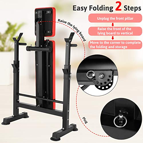 Folding Adjustable Weight Bench with Barbell Rack, Multi-Function Strength Training Adjustable Benches for Fitness Exercise and Strength Workout (Deep Red)