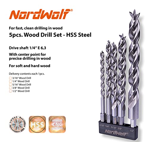 Nordwolf 5-Piece Hss Brad Point Wood Drill Bit Set For Hard & Laminated Wood, With 1/4" Hex Shank For Quick Chucks & Impact Drivers, Sae Sizes 3/16"-1/4"-5/16"-3/8"-1/2" #TOP1