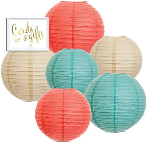 Andaz Press Hanging Paper Lantern Party Decor Trio Kit with Free Party Sign, Ivory, Coral, Diamond Blue, 6-Pack, for Peach Mint Robin's Egg Baby Bridal Shower Easter Classroom Decorations