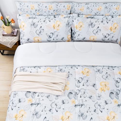 Image of lasoftan Floral Queen Comforter Set with Sheets, 7 Piece Luxury Vintage Bedding, Soft Microfiber Bed in a Bag, Cozy Lightweight Bed Set, Grey Yellow Leaves