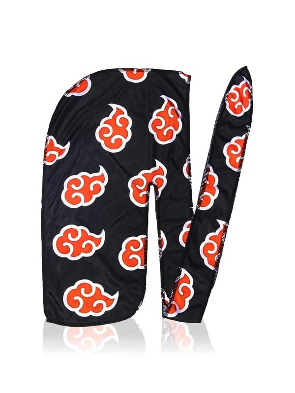 CROWNRed Clouds Silky Durag - Black Designer 360 Wave Du Rag with Long Wide Tails and Quadruple Stitching - Smooth Silk Fabric for Comfort Compression (Akat Black)