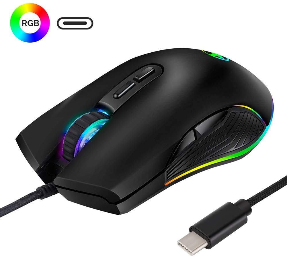 Mysz USB C Ergonomiczna mysz przewodowa RGB mysz do gier mysz optyczna z 4 trybami podświetlenia do 3200 DPI do MacBooka Pro, Matebook X, MacBook 12", Chromebook, HP OMEN, więcej urządzeń USB typu C