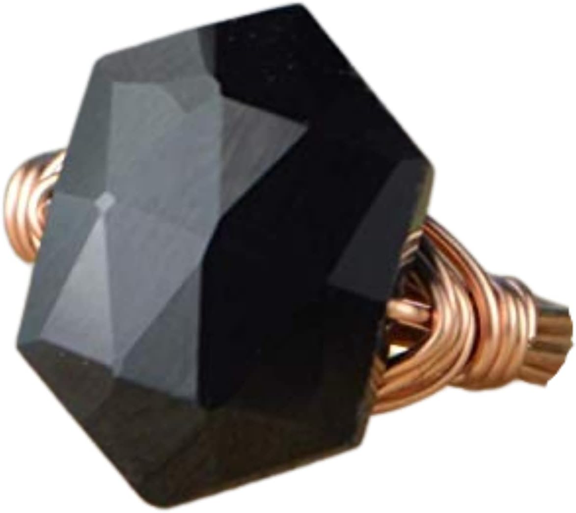Faceted Black Onyx Hexagon Gemstone Bead and Sterling Silver, Yellow or Rose Gold Filled Wire Wrapped Ring- Made to size 4-14