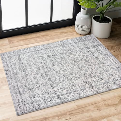 2x3 Washable Rugs Grey Blue White Small Area Rug for Entryway, Soft Non-Slip Indoor Door Mat Distressed Floral Low-Pile Neutral Vintage Carpet for Dorm Entrance Bedside Farmhouse