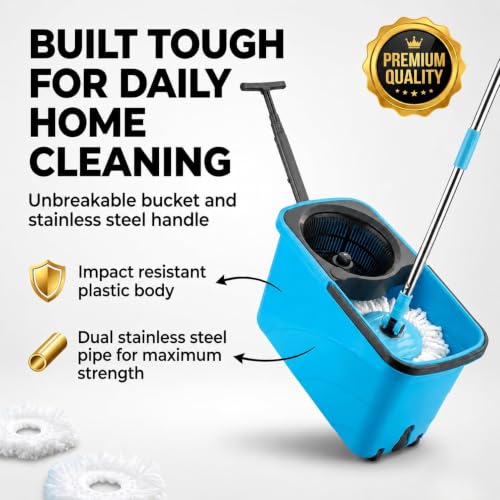 Image of Spin Mop Bucket Set with Stainless Steel Wringer, 360 Rotating Microfiber Mop Head, Adjustable Telescopic Handle, Floor Cleaning System for Home, Kitchen, Bathroom & Office (Plastic Blue)
