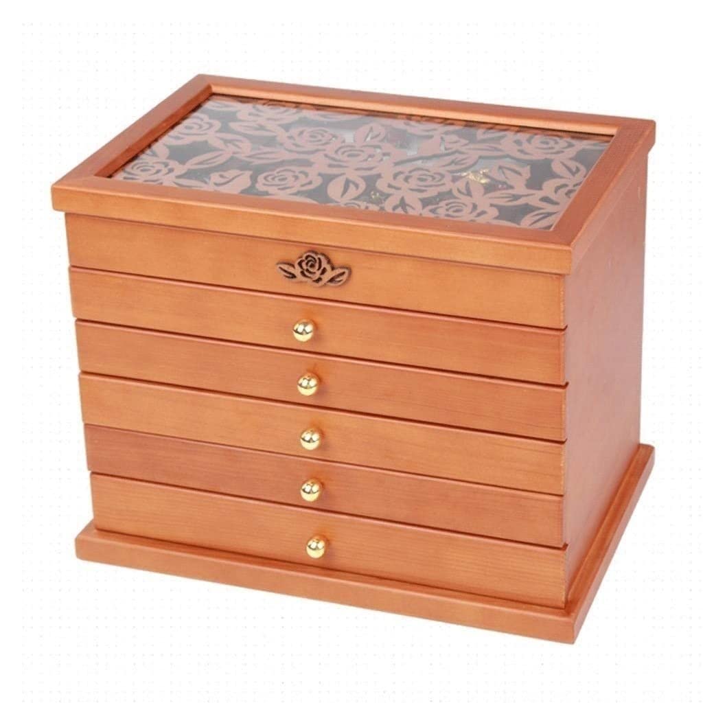 TIANQIHAO Jewelry Box 6 Layers Solid Wooden Jewelry Organizer With 5 Drawers Large Wooden Storage Jewelry Tray Case For Woman. Jewellry Holder,B-30.5 * 19 * 24.5cm