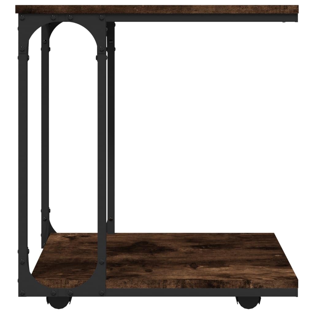 Mesa auxiliar con ruedas en forma de C, mesa de centro 50 x 35 x 55,5 cm, mesa portátil para portátil de madera y acero, mesa de sofá con estante para salón y dormitorio, roble ahumado