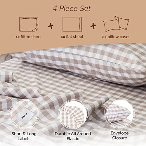 Five Looms - Cozy Flannel Bed Sheet Set, 100% Cotton Flannel Sheets With Deep Pockets, All Around Elastic, Ultra Soft Flannel - Fitted Sheet, Flat Sheet, And 2 Pillowcases, Queen Size, Gingham Beige #TOP2