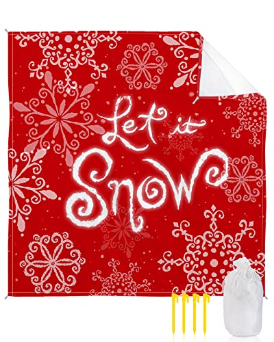 LEOKOTI Christmas Beach Blanket Waterproof Sandproof, Let's Snow Snowflake Filling Red Xmas Lightweight Outdoor Picnic Blanket Portable Large Beach Mat for Travel/Camping/Hiking 83