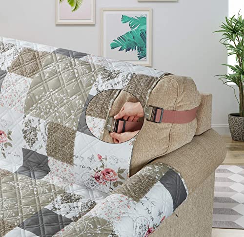 Brilliant Sunshine Rose and Toile Patchwork Quilted Recliner Slipcover, 26\" Seat Width, Slip Resistant Furniture Protector, 2\" Strap, Washable Reclining Chair Cover for Kids, Dogs, Cats, Rose Grey - Thumbnail 7