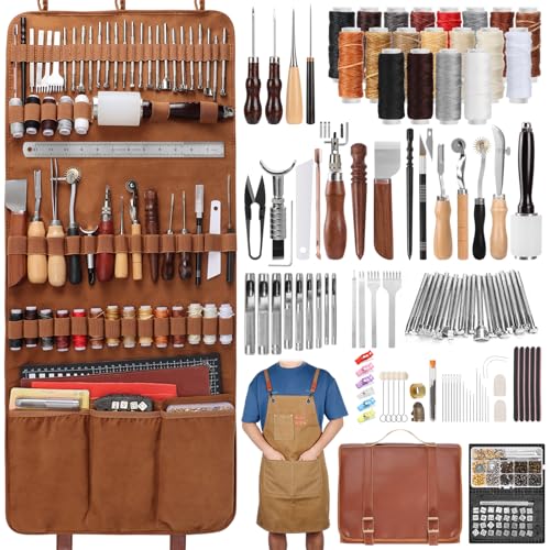 Image of Leather Working Tooling Kit All-in-One Set Leatherworking Crafting Tools with Apron Custom Handbag Cutting Mats Stamping Engraving Punching Sewing Sanding Tools for Leather Making Repair Professional