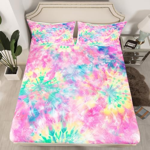 Erosebridal Kids Tie Dye Pink Fitted Sheet Batik Bedding Set for Children Boys Girl Women Watercolor Psychedelic Fitted Bed Sheets Ultra Soft Full Size, with 2 Pillow Cases(No Top/Flat Sheet)