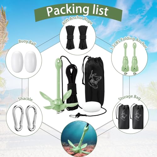 Image of Lounsweer 2 Pack 1.5 /3.5 lb Marine Kayak Anchor Kit Folding Grapnel Anchor Kit Boat Kayak Fishing Accessories for Small Boats Kayaks Canoe Paddle Boards