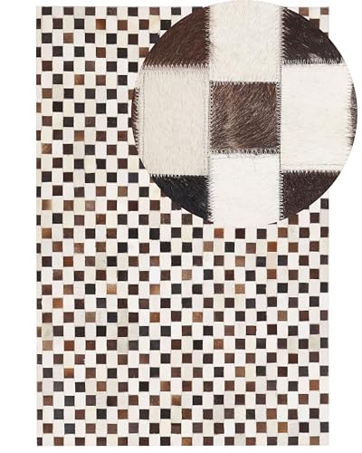 Beliani Alfombra de Piel de Vacuno marrón y Beige 160 x 230 cm patrón geométrico Patchwork Kayabey