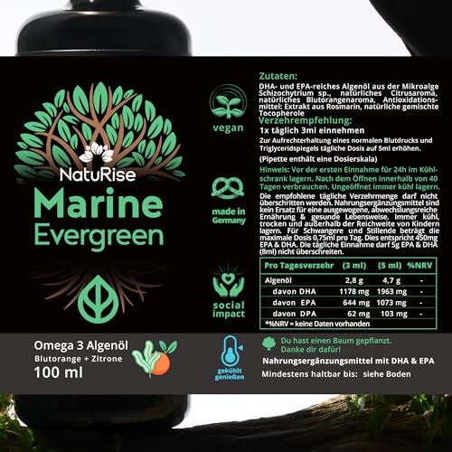 NatuRise® Omega 3 Vegan - 4700mg Algenöl pro Tag davon 3139mg Omega 3 (DHA, EPA & DPA) - Hochdosiert – 100ml – Laborgeprüft– Pipette mit Dosierskala - UV-Glas