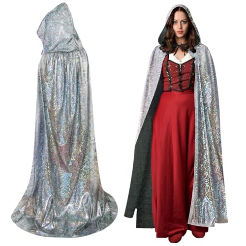 AYBUY Silber Umhang, Vampir Umhang mit Kapuze Lange Cape, Vampir Kostüm, Umhang Mittelalter für Halloween Weihnachten Karneval Kostüm, 150cm