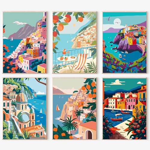 Image of cupmod 6 Packs Scenery-Cityscape Paint by Numbers Kit for Adults,DIY Watercolor Acrylic Oil Painting Landscape Paint by Numbers Kits on Canvas,Adults Paint by Numbers Kits for Home Decor 9.8x12.8inch