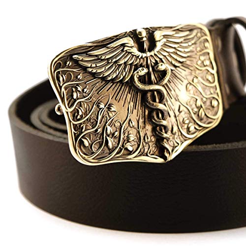 Leather belt with brass buckle Caduceus, Handmade Medical Corps solid brass belt buckle on leather belt