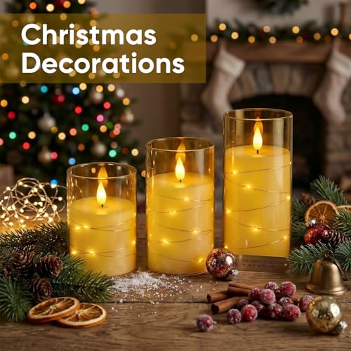 Image of Amagic Flameless Candles, Flickering Battery Operated Candles Embedded Fairy String Light, Realistic Pillar Candle with Remote Control and Timer, Acrylic Amber Gold, Set of 6, D3 x H4 5 inch 6 inch