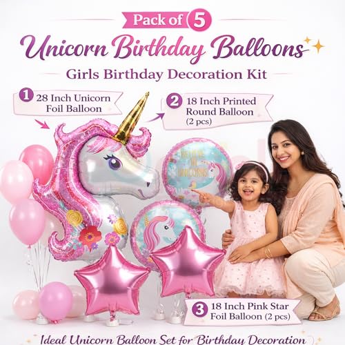 Image of Propsicle Unicorn Theme Pink Foil Balloons Birthday Decoration Kit for Girls, Pack of 5 with Star & Printed Round Balloons for Indoor Outdoor Photo Backdrop Decor