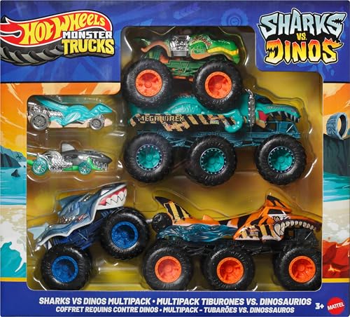 Image of Hot Wheels Toy Cars & Monster Trucks, Sharks vs. Dinos Multipack with 8 Total Vehicles, Including Big Rigs, 1:64 Scale Monster Trucks & 1:64 Scale Hot Wheels Vehicles​​