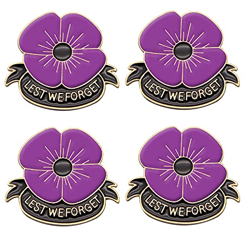YIMENG 4 Pcs Poppy Brooch Veterans Day Poppy Pin Lest We Forget Badge Enamel Poppy Flower Brooches Remembrance Day Gift, Purple