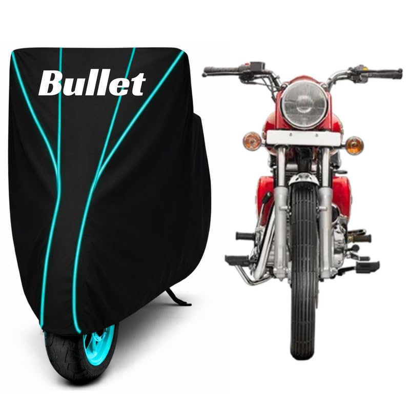 Image of Premium Bike Cover for Royal Enfield Bullet 350, Water Resistant, Dustproof, UV Protected, Scratchproof Motorcycle Cover for Outdoor Use, All Weather Protection (Black & Aqua Piping)