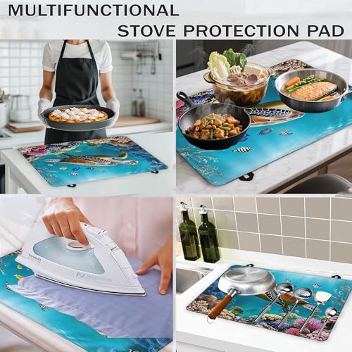 Image of Sea Turtle Glass Top Stove Cover Protector,Ocean Fish Coral Stove Top Covers for Electric Stove,Washable Heat Resistant Cooktop Mat Anti-Slip Range Covers, 28 x 20 Inch
